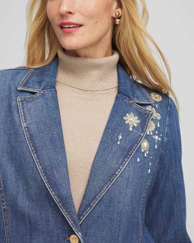 Pearl Brooch Denim Blazer - image 4